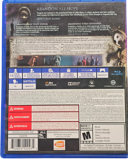The Dark Pictures Anthology Little Hope PlayStation 4 PS4 for retro video game enthusiasts featuring cinematic horror adventure gameplay branching narrative choices supernatural mystery exploration character driven storytelling suspenseful decision making and collectible gaming appeal back cover art