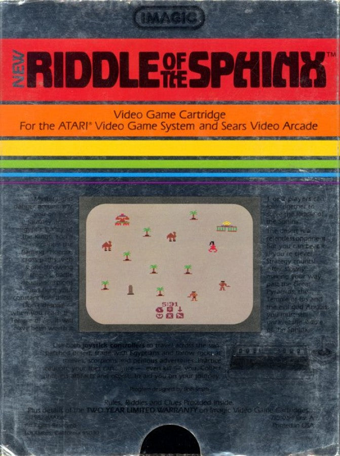 Riddle of the Sphinx retro Atari 2600 video game featuring puzzle adventure gameplay, ancient Egypt exploration, treasure hunting and classic Atari action - back cover