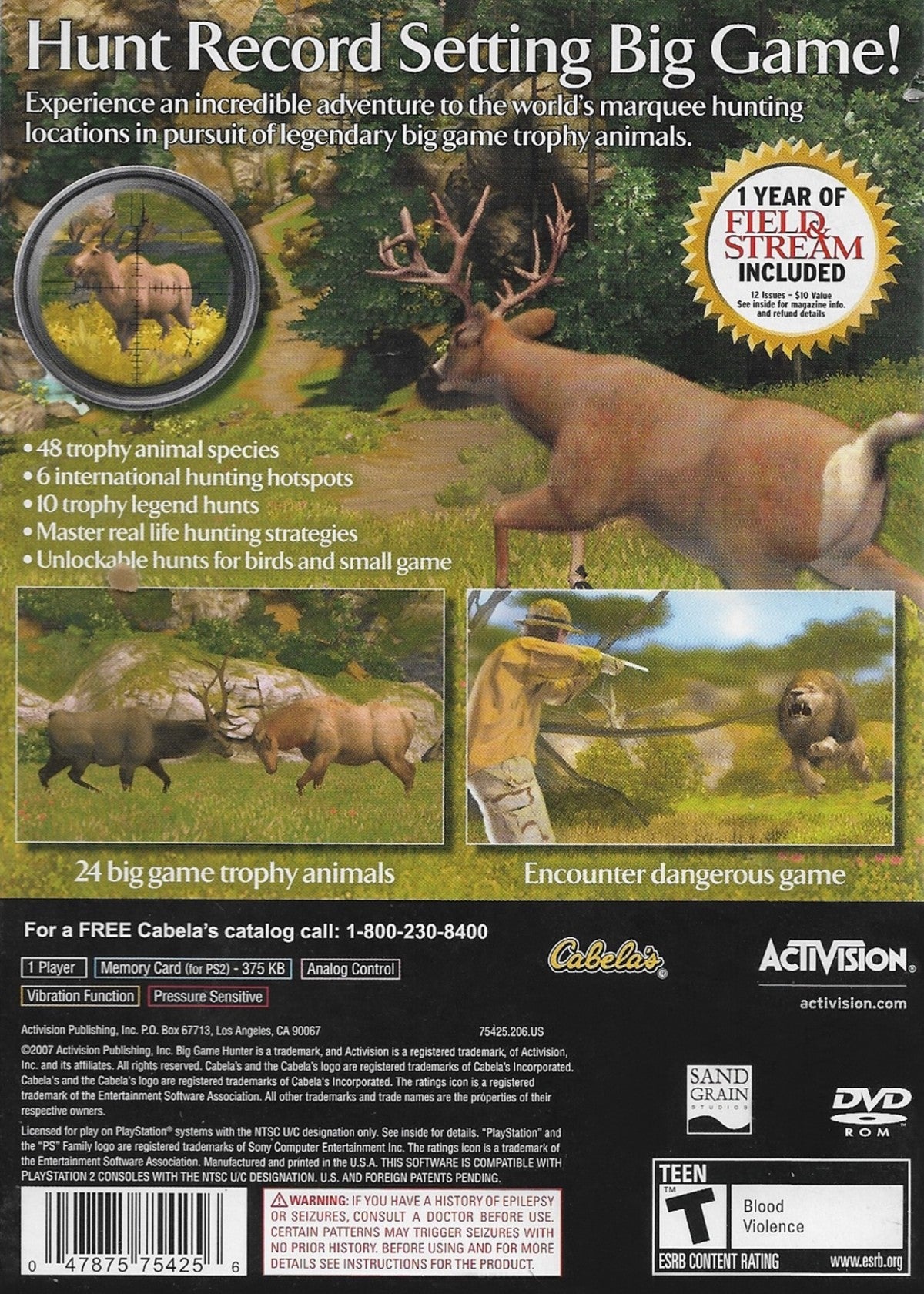 Cabela’s Big Game Hunter 2008 for PlayStation 2 with large-game hunting and outdoor expedition theme back cover art