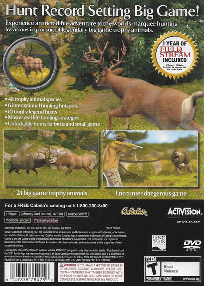 Cabela’s Big Game Hunter 2008 for PlayStation 2 with large-game hunting and outdoor expedition theme back cover art