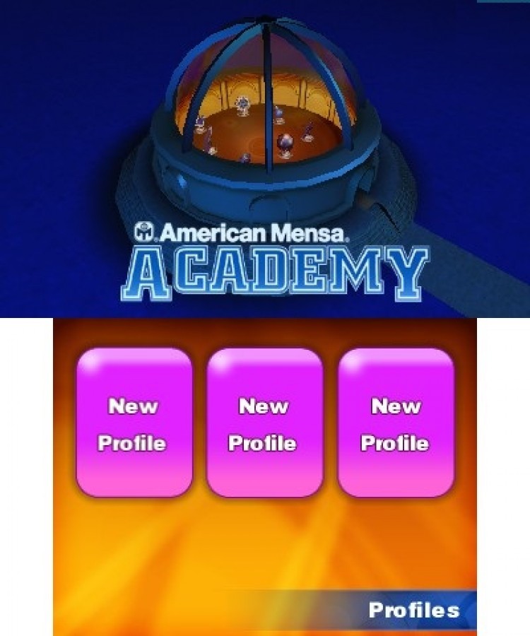 American Mensa Academy start screen for Nintendo 3DS (3DS) educational puzzle video game