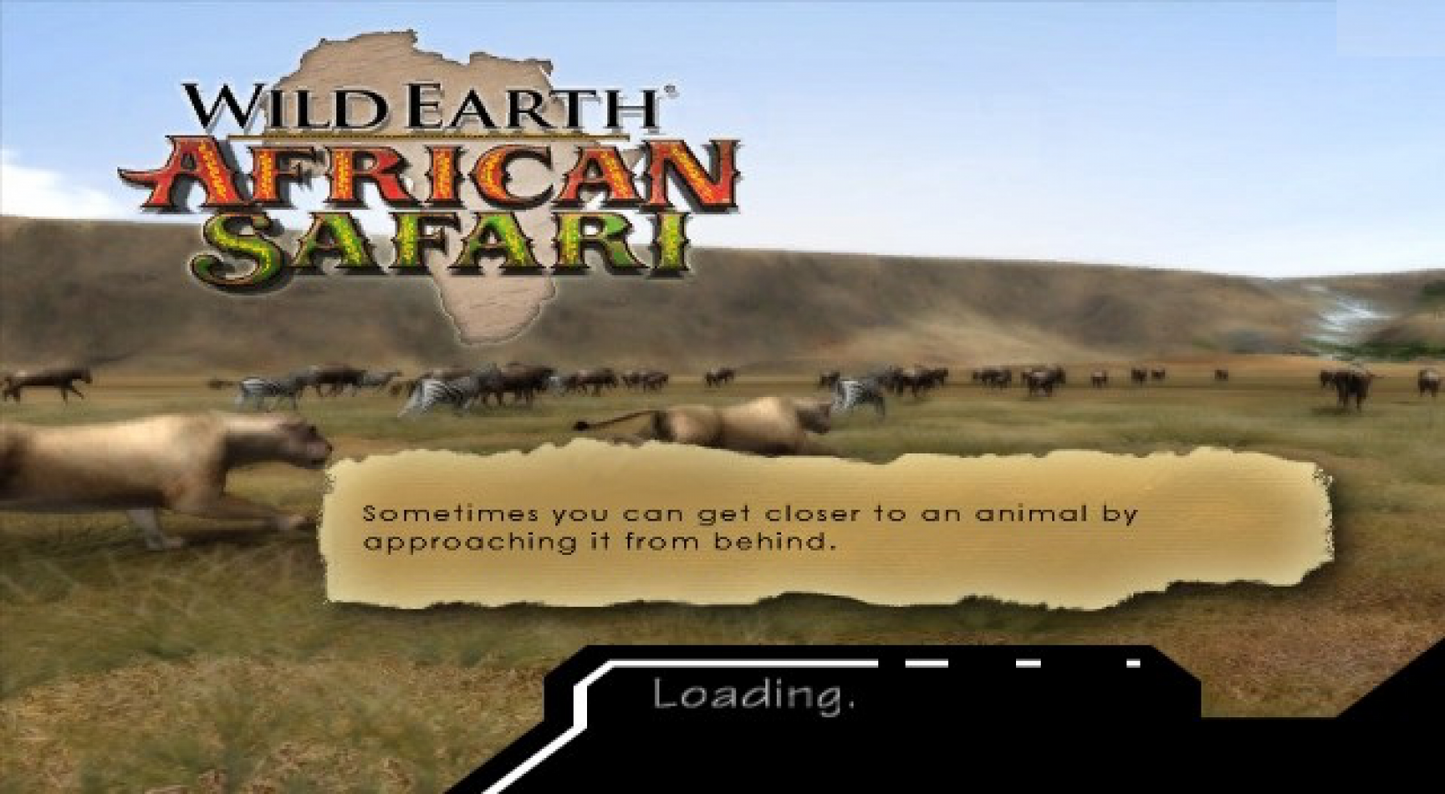 Wild Earth: African Safari loading screen for Nintendo Wii (Wii) featuring wildlife photography adventures across African landscapes, motion‑controlled exploration, and missions to capture animals in their natural habitats.