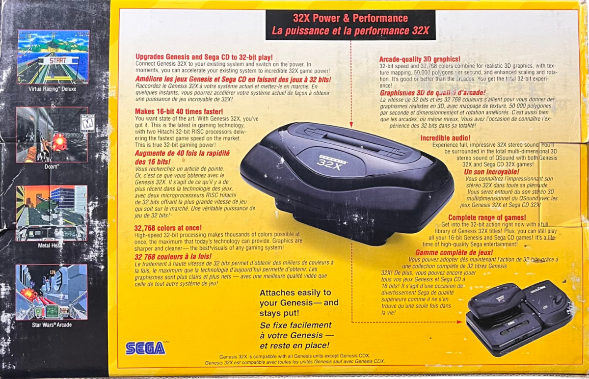 Sega 32X console add on for Sega Genesis Mega Drive 32 bit expansion module mushroom attachment retro gaming hardware cartridge based system Sega 32X gaming accessory classic Sega console add on device Box Back