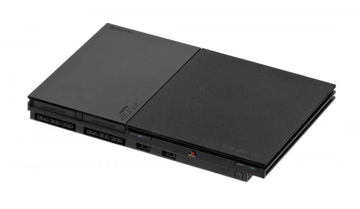 Retro PS2 Slim SCPH 90000 inspired design featuring sleek PlayStation 2 hardware aesthetic compact black console design iconic Sony gaming system integrated power supply streamlined form factor sixth generation gaming nostalgia presentation angle top