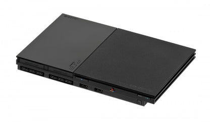 Retro PS2 Slim SCPH 90000 inspired design featuring sleek PlayStation 2 hardware aesthetic compact black console design iconic Sony gaming system integrated power supply streamlined form factor sixth generation gaming nostalgia presentation angle top