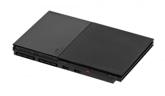Retro PS2 Slim SCPH 90000 inspired design featuring sleek PlayStation 2 hardware aesthetic compact black console design iconic Sony gaming system integrated power supply streamlined form factor sixth generation gaming nostalgia presentation angle top