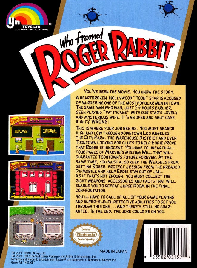 Who Framed Roger Rabbit retro NES video game Who Framed Roger Rabbit cartoon adventure action puzzle solving detective gameplay movie based classic console title Nintendo Entertainment System release back of case