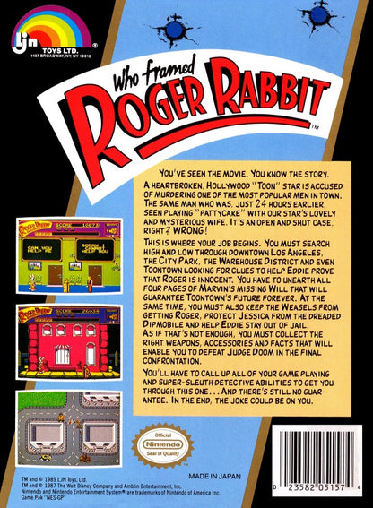 Who Framed Roger Rabbit retro NES video game Who Framed Roger Rabbit cartoon adventure action puzzle solving detective gameplay movie based classic console title Nintendo Entertainment System release back of case