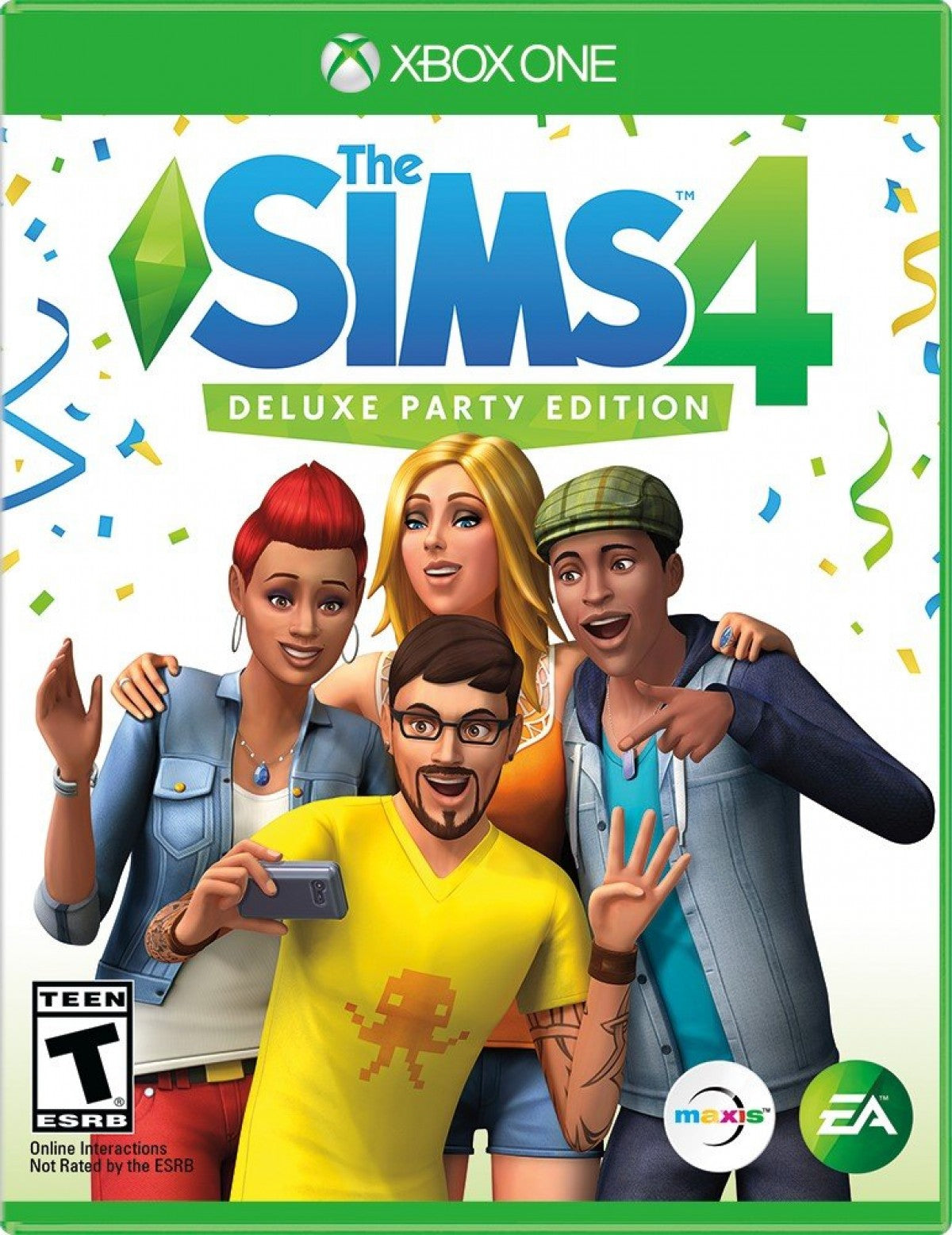 Sims 4 Deluxe Party Edition Xbox One life simulation game create and control virtual people build homes pursue careers form relationships, Deluxe Party Edition includes bonus content and party pack cover art