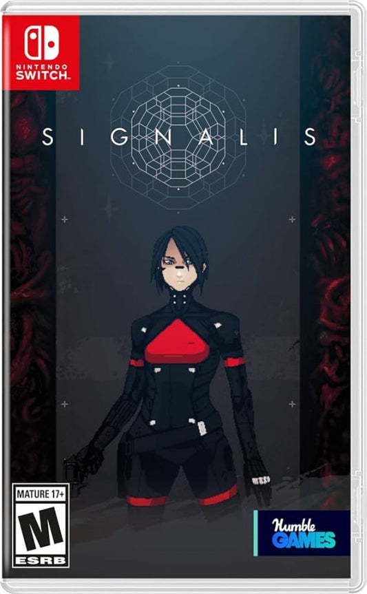 SIGNALIS Nintendo Switch inspired design featuring retro sci fi survival horror aesthetic eerie space station exploration psychological mystery atmospheric tension resource management puzzle solving pixel inspired visuals and haunting cinematic storytelling presentation front cover