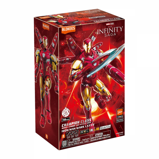 Blokees Marvel Infinity Saga Champion Class Iron Man MK85 73923 model kit, buildable superhero figure, articulated armor display, Marvel collectible front corner box