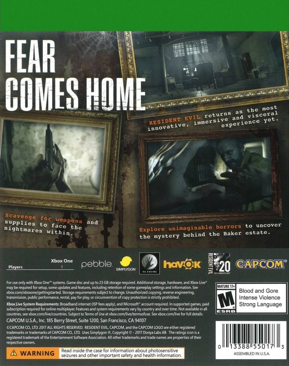 Resident Evil 7 Biohazard Xbox One XONE for survival horror video game fans featuring first person gameplay terrifying exploration atmospheric environments puzzle solving resource management intense combat grotesque enemies suspenseful storytelling immersive horror and cinematic survival adventure collectible gaming appeal back cover art
