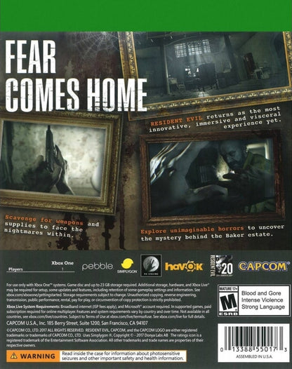 Resident Evil 7 Biohazard Xbox One XONE for survival horror video game fans featuring first person gameplay terrifying exploration atmospheric environments puzzle solving resource management intense combat grotesque enemies suspenseful storytelling immersive horror and cinematic survival adventure collectible gaming appeal back cover art