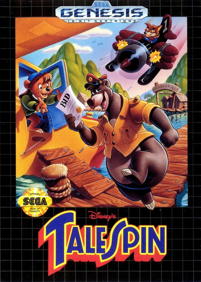 Disney's TaleSpin Sega Genesis GEN action platformer video game featuring Baloo the Bear aerial adventures airplane missions enemy encounters collectible items challenging stages Disney characters and classic Sega Genesis GEN gameplay collectible retro gaming appeal front cover art