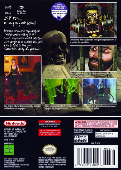 Eternal Darkness Sanity’s Requiem GameCube Nintendo GameCube survival horror psychological horror game sanity effects sanity meter mechanic sanity hallucinations fourth wall tricks ancient evil storyline Lovecraft inspired atmosphere Silicon Knights retro gaming GameCube software video game title back cover art