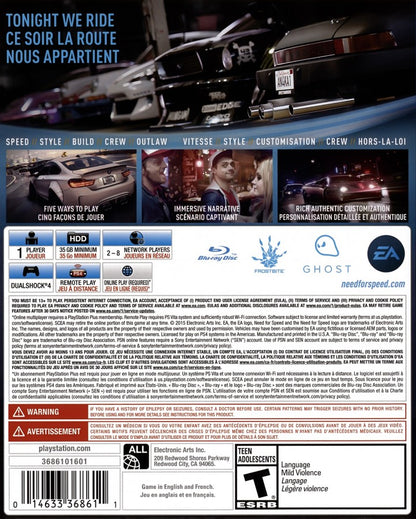Need for Speed – PlayStation 4 (PS4) video game back of case, arcade street racing game.