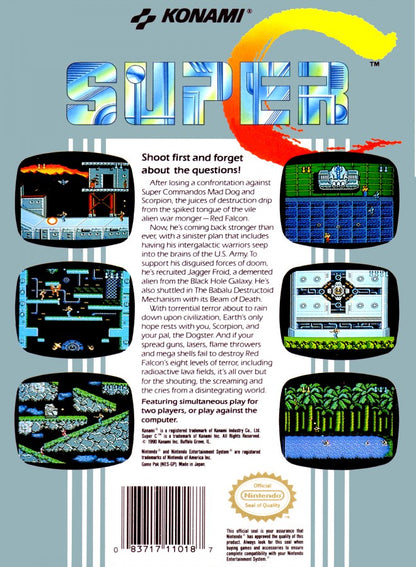 Super C cartridge for the Nintendo Entertainment System featuring fast paced 8 bit run and gun action with intense shooting gameplay as commandos battle alien forces across side scrolling and overhead stages back cover art