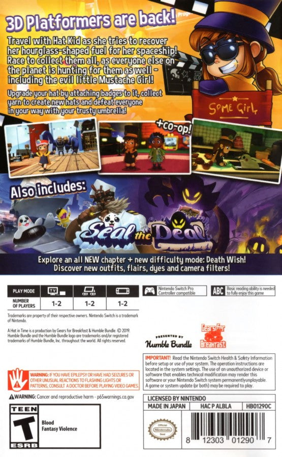 A Hat in Time for Nintendo Switch 3D platformer adventure game featuring Hat Kid colorful worlds collectible time pieces platforming challenges and cartoon style gameplay back cover