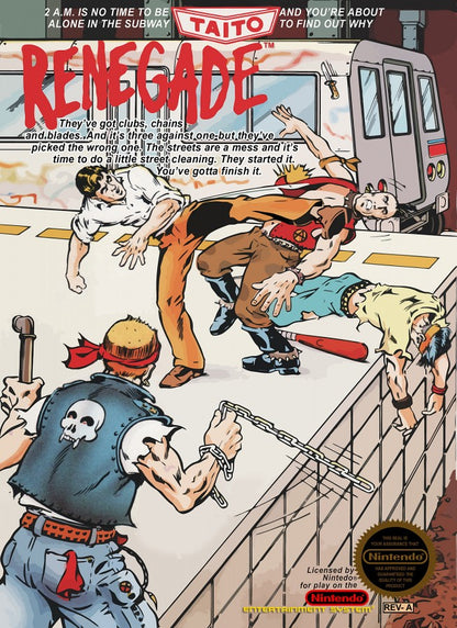 Renegade Complete in Box CIB Nintendo Entertainment System NES for retro video game enthusiasts featuring classic side scrolling beat em up gameplay street fighting action martial arts combat challenging enemy gangs arcade style action complete in box collectible gaming appeal front cover