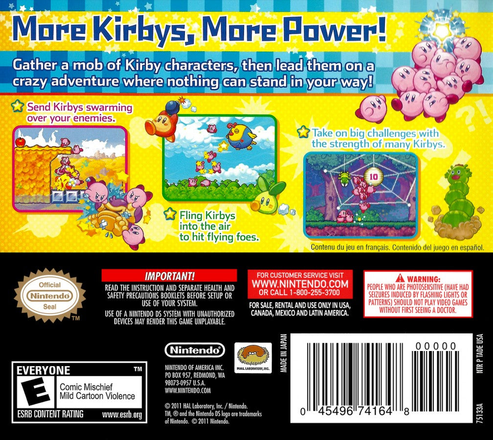 Kirby Mass Attack for Nintendo DS action platformer puzzle game featuring multiple Kirby characters touch screen controls colorful levels and creative gameplay mechanics back cover