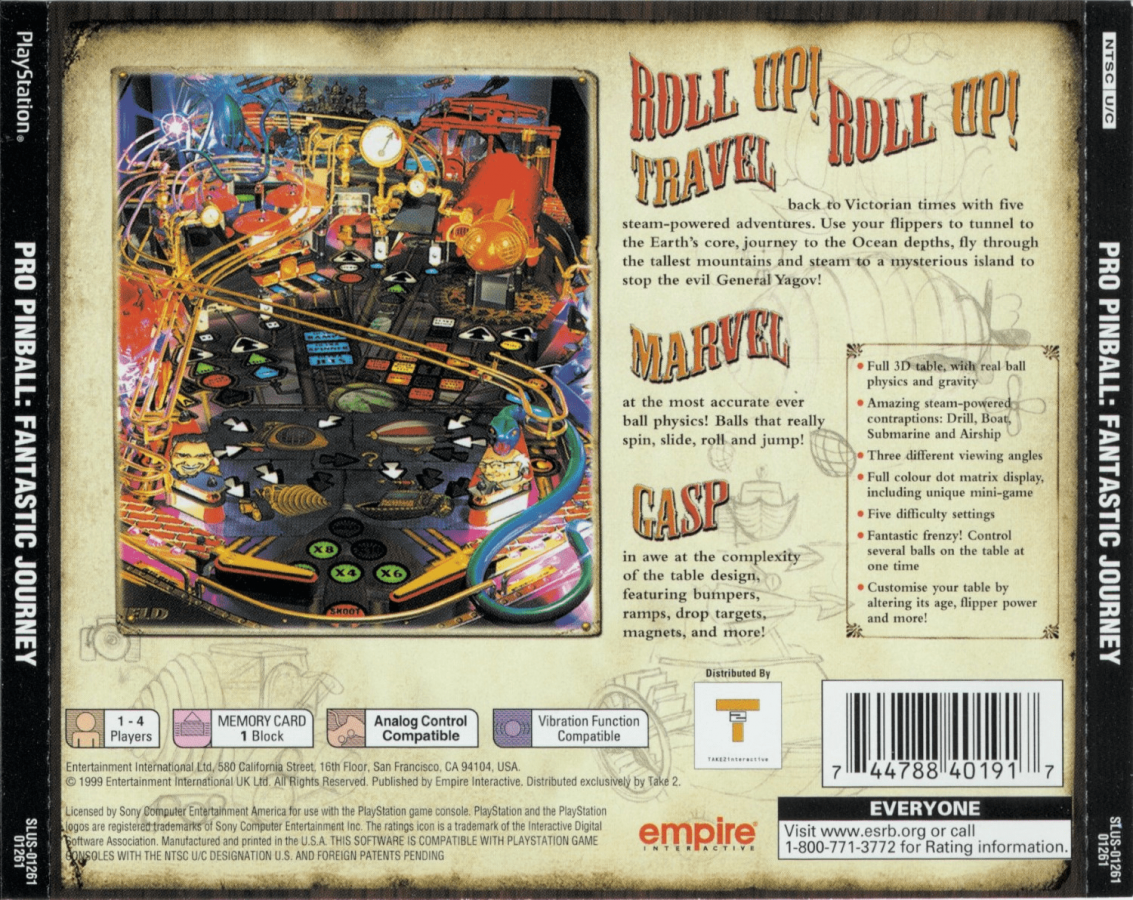 Pro Pinball: Fantastic Journey back cover art for PlayStation 1 (PS1) arcade video game 