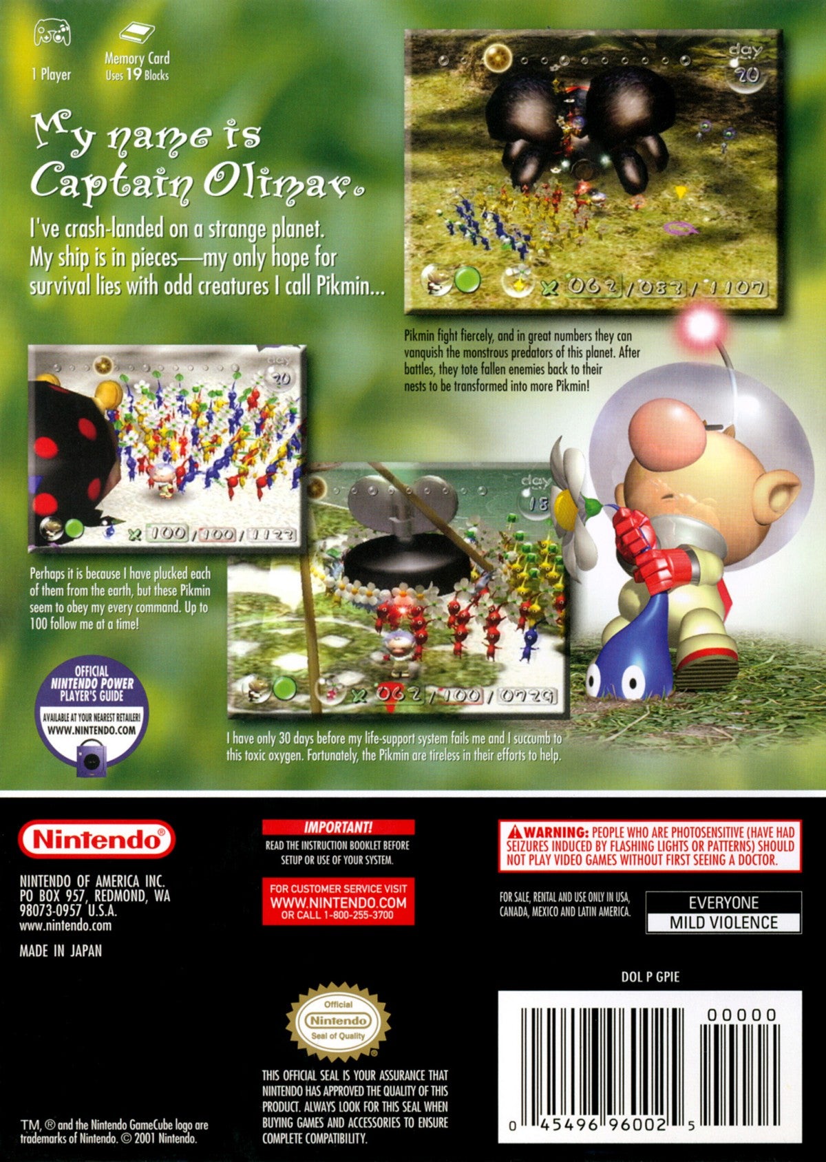Pikmin Player’s Choice edition for Nintendo GameCube real time strategy adventure game featuring Captain Olimar puzzle solving time management colorful alien creatures back cover art