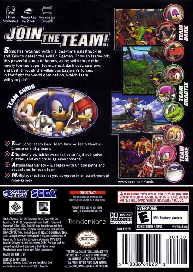 Sonic Heroes GameCube game featuring fast-paced team-based platforming, colorful 3D levels, and classic Sonic the Hedgehog action adventure back cover art