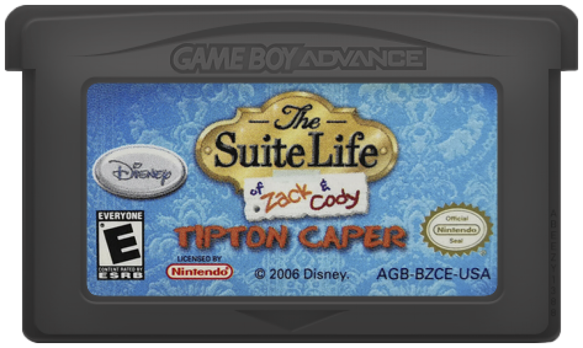 Suite Life of Zack and Cody Tipton Caper for Game Boy Advance, cartridge for an action platformer video game with side-scrolling gameplay, stealth elements, puzzle challenges, and TV show-inspired adventure