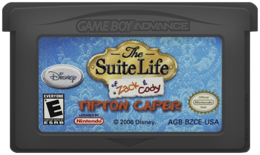 Suite Life of Zack and Cody Tipton Caper for Game Boy Advance, cartridge for an action platformer video game with side-scrolling gameplay, stealth elements, puzzle challenges, and TV show-inspired adventure