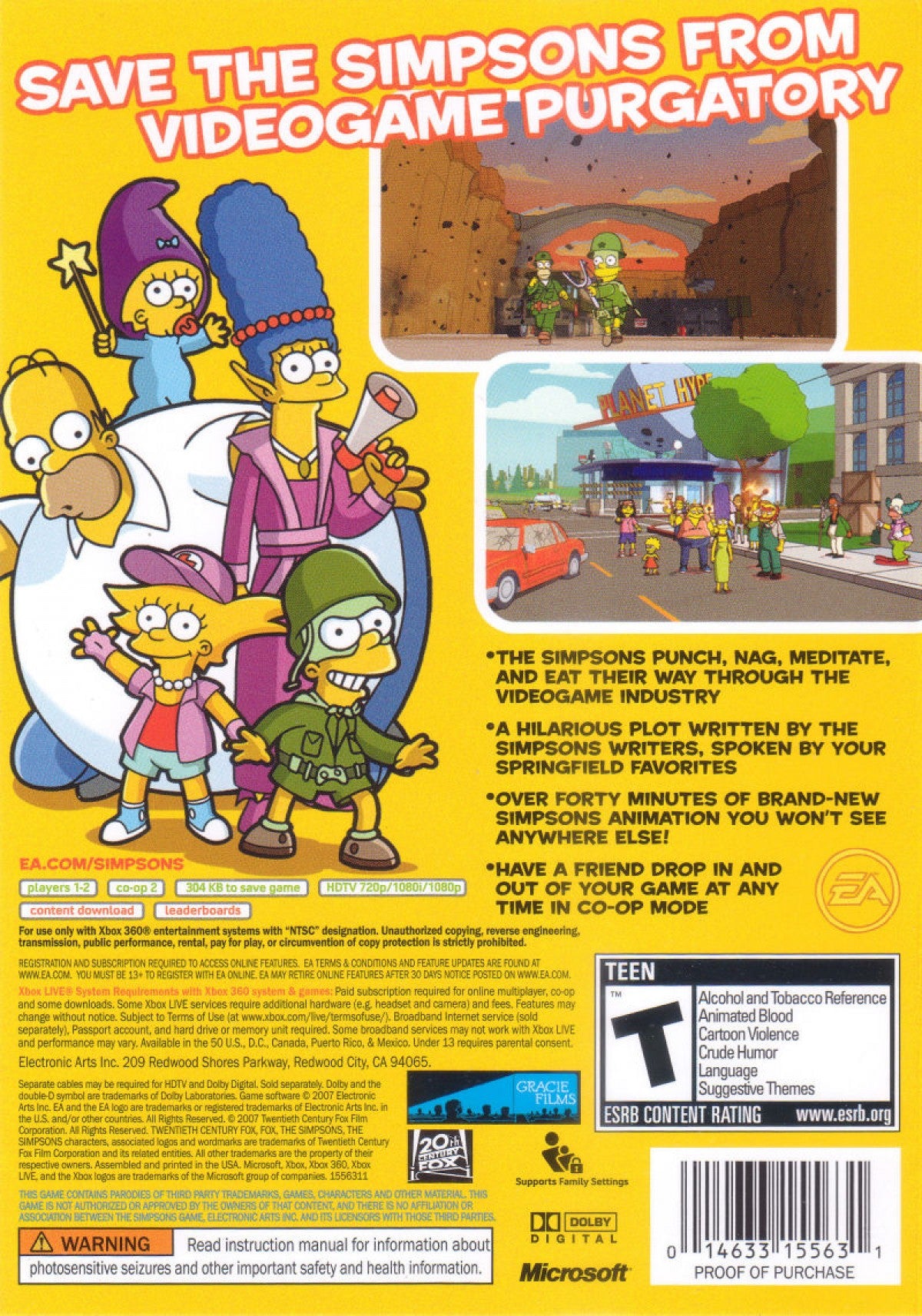 The Simpsons Game for Xbox 360 action adventure video game featuring humor filled levels based on the iconic animated series, cooperative gameplay, satirical parody elements, and interactive Springfield exploration experience back cover art