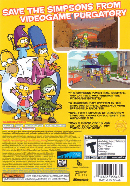 The Simpsons Game for Xbox 360 action adventure video game featuring humor filled levels based on the iconic animated series, cooperative gameplay, satirical parody elements, and interactive Springfield exploration experience back cover art