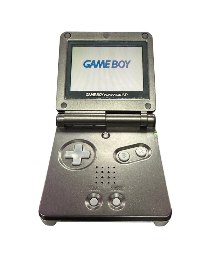 Game Boy Advance SP Metroid custom shell AGS-001 handheld gaming system featuring a custom black and gray Metroid themed shell design with a frontlit screen clamshell form factor rechargeable battery and compatibility with Game Boy Advance and Game Boy Color games open view of screen turned on