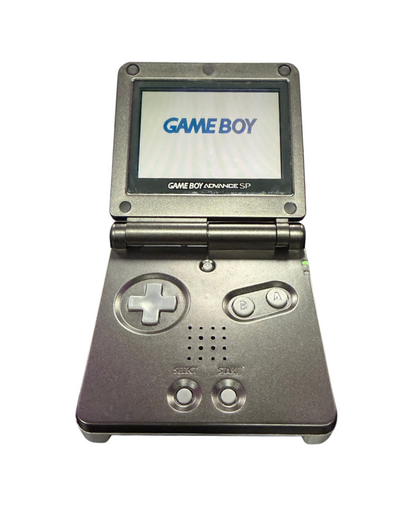 Game Boy Advance SP Metroid custom shell AGS-001 handheld gaming system featuring a custom black and gray Metroid themed shell design with a frontlit screen clamshell form factor rechargeable battery and compatibility with Game Boy Advance and Game Boy Color games open view of screen turned on