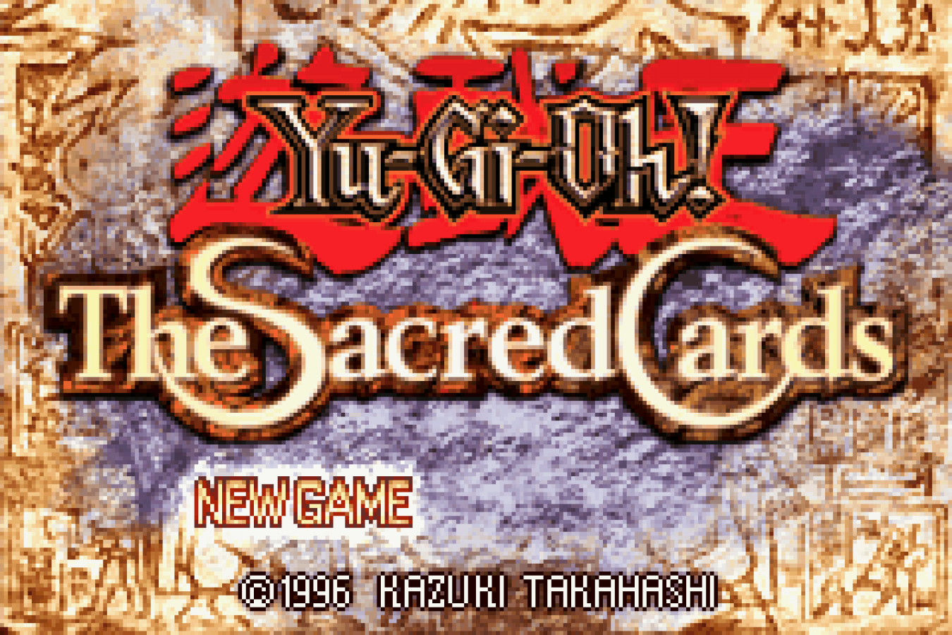 Yu-Gi-Oh! Sacred Cards Game Boy Advance GBA video game, trading card strategy, turn-based dueling, handheld console title title screen