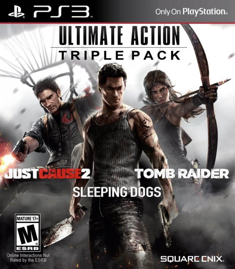 Ultimate Action Triple Pack PlayStation 3 compilation bundle containing Tomb Raider Lara Croft action adventure platforming puzzle solving Sleeping Dogs open world martial arts Hong Kong undercover cop crime drama Just Cause 2 Rico Rodriguez grappling hook parachute explosive open world chaos Square Enix third person collection front cover