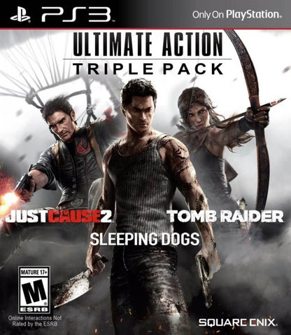 Ultimate Action Triple Pack PlayStation 3 compilation bundle containing Tomb Raider Lara Croft action adventure platforming puzzle solving Sleeping Dogs open world martial arts Hong Kong undercover cop crime drama Just Cause 2 Rico Rodriguez grappling hook parachute explosive open world chaos Square Enix third person collection front cover