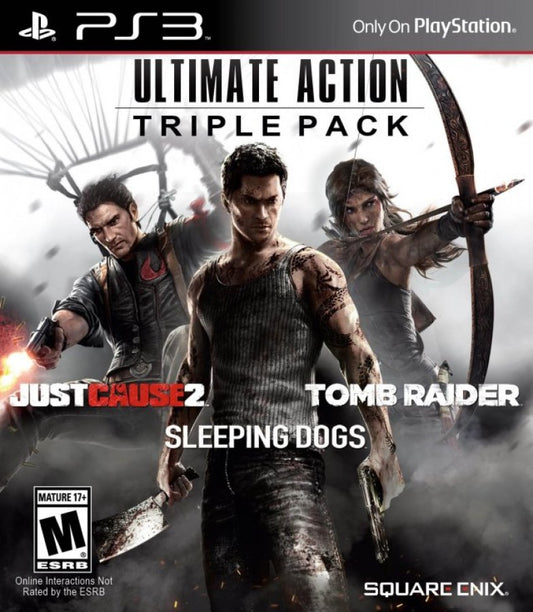 Ultimate Action Triple Pack PlayStation 3 compilation bundle containing Tomb Raider Lara Croft action adventure platforming puzzle solving Sleeping Dogs open world martial arts Hong Kong undercover cop crime drama Just Cause 2 Rico Rodriguez grappling hook parachute explosive open world chaos Square Enix third person collection front cover