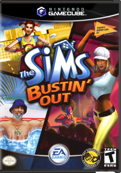 The Sims: Bustin' Out cover art for Nintendo GameCube (GC) life simulation video game