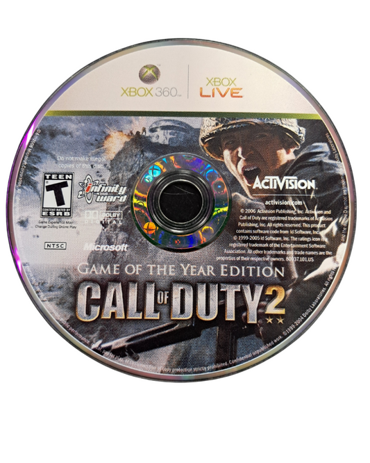 Call of Duty 2 Game of the Year Edition Xbox 360 game featuring World War II first person shooter campaign intense infantry combat authentic historical battles enhanced graphics and multiplayer modes by Infinity Ward disc