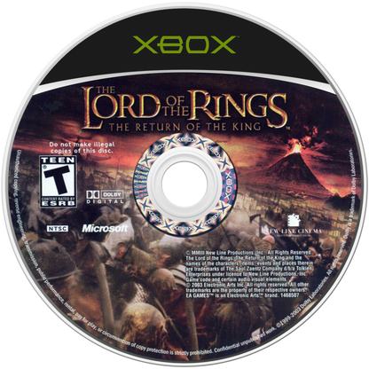 The Lord of the Rings The Return of the King Microsoft Xbox Original Xbox video game featuring action adventure gameplay Middle earth exploration epic battles iconic Lord of the Rings characters sword combat cooperative gameplay story missions and fantasy adventure retro video game collection collectible gaming appeal disc