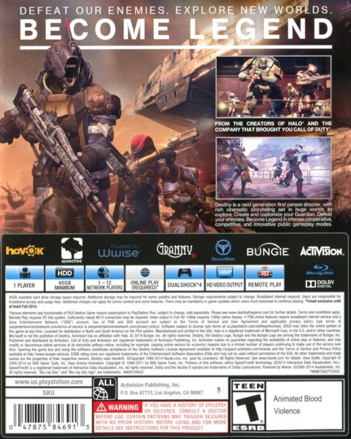 Destiny – PlayStation 4 (PS4) video game back of case, online multiplayer shooter by Bungie