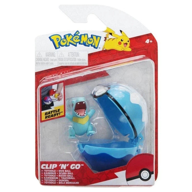Pokemon Clip N Go Battle Figure Totodile Dive Ball collectible Pokémon Clip N Go figure featuring Totodile water type with Dive Ball Poké Ball accessory belt clip toy for fans and collectors