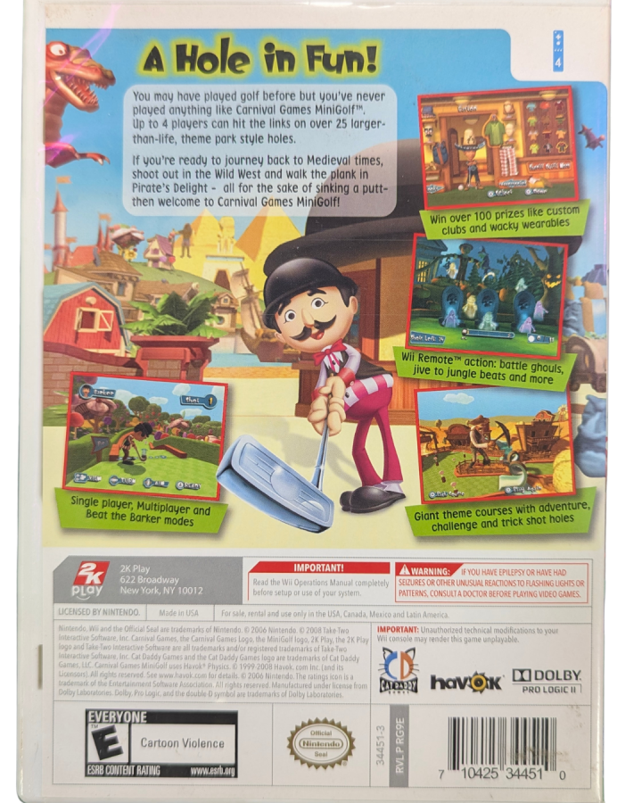 Carnival Games Mini Golf Nintendo Wii video game, motion-controlled sports mini-games, family-friendly party gameplay, Wii console title back cover