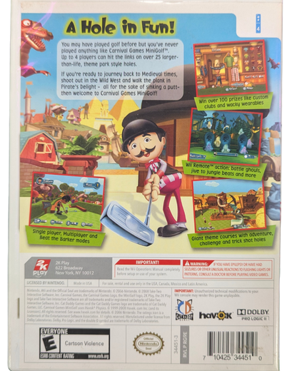 Carnival Games Mini Golf Nintendo Wii video game, motion-controlled sports mini-games, family-friendly party gameplay, Wii console title back cover