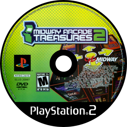 Midway Arcade Treasures disc art for 2 PlayStation 2 (PS2) featuring a compilation of classic arcade hits like Mortal Kombat II, NARC, and Gauntlet II with retro multiplayer action.