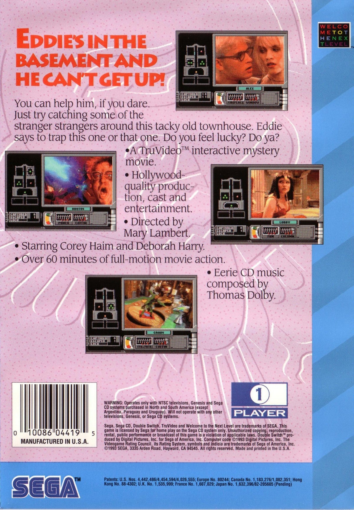 Double Switch Sega CD full motion video FMV interactive movie puzzle game surveillance camera switching traps gameplay starring Corey Haim suspense thriller mansion setting live action footage branching story retro gaming Sega CD software video game title back cover art