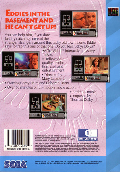 Double Switch Sega CD full motion video FMV interactive movie puzzle game surveillance camera switching traps gameplay starring Corey Haim suspense thriller mansion setting live action footage branching story retro gaming Sega CD software video game title back cover art