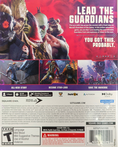 Marvel’s Guardians of the Galaxy for PlayStation 5 (PS5) at Gamers INC, featuring a story-driven cosmic adventure where you play as Star-Lord leading the Guardians through explosive real-time combat, witty team banter, and choice-based dialogue that shapes your journey, all wrapped in a vibrant sci‑fi spectacle with an awesome licensed soundtrack back cover
