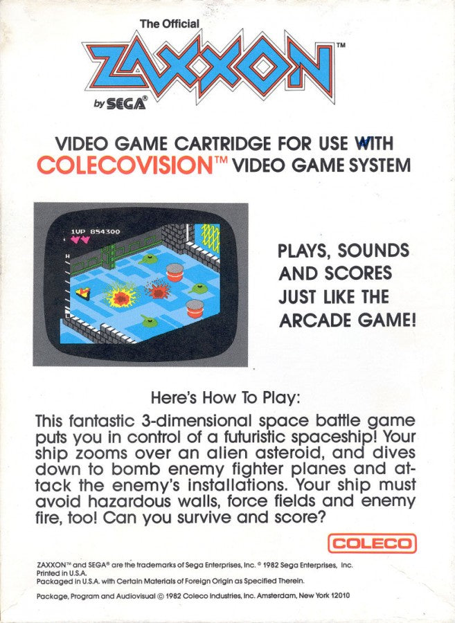 Zaxxon back cover art for ColecoVision (CV) video game
