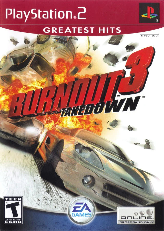 Burnout 3 Takedown Greatest Hits PlayStation 2 PS2 for retro video game enthusiasts featuring high speed arcade racing gameplay spectacular crash mechanics aggressive takedown action intense multiplayer competition fast paced racing modes adrenaline fueled driving and collectible gaming appeal front cover